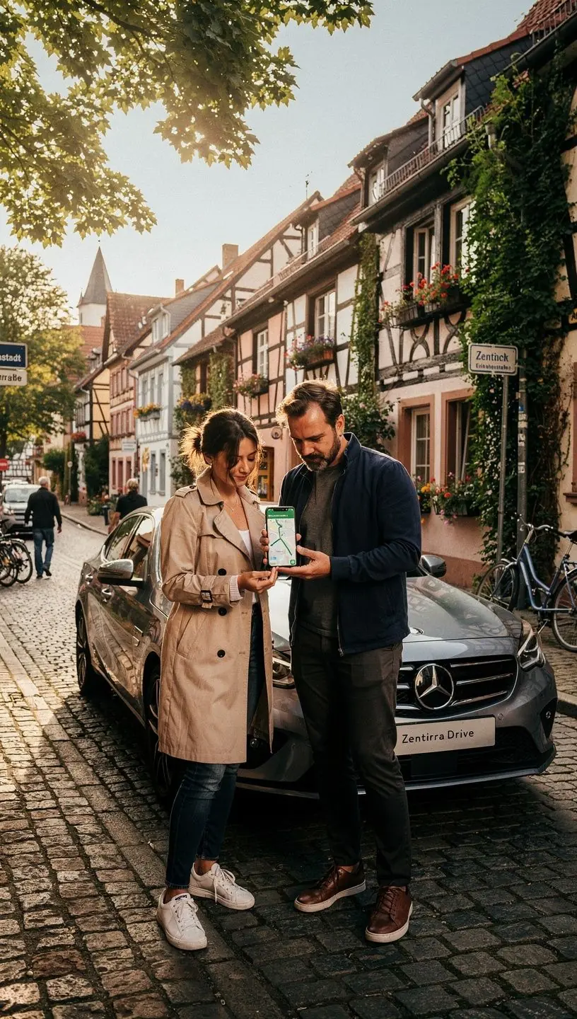 Kompakte Autos mit Blick auf berühmte Sehenswürdigkeiten in Deutschland