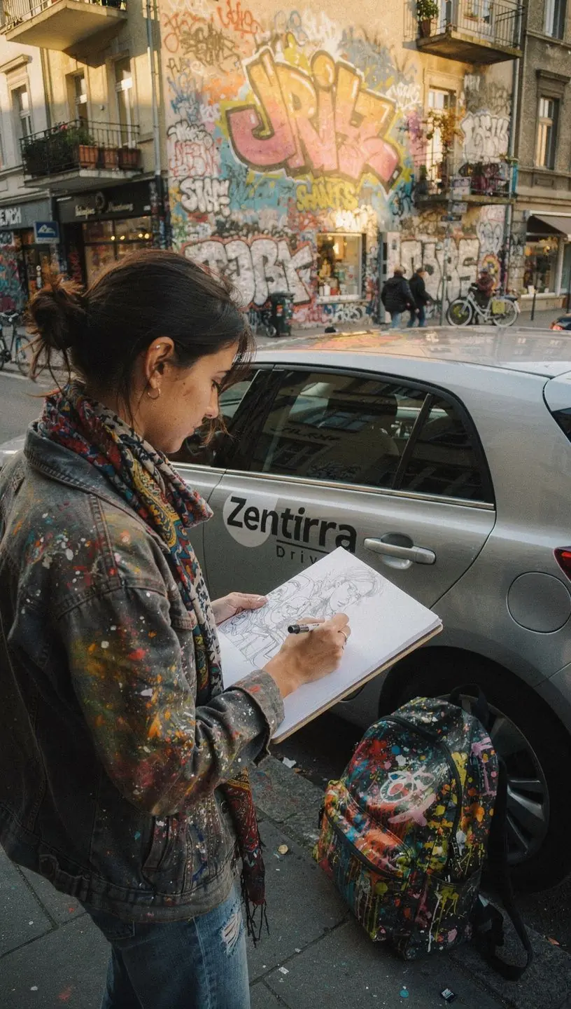 Ein glückliches Paar lächelt neben ihrem gemieteten Auto in Hamburg.