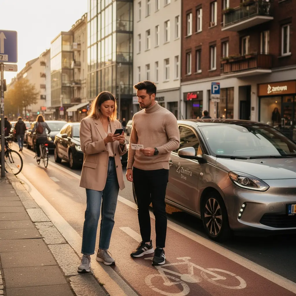 Eine Nahaufnahme des Armaturenbretts mit der aktiven Navigation für Stadtfahrten.