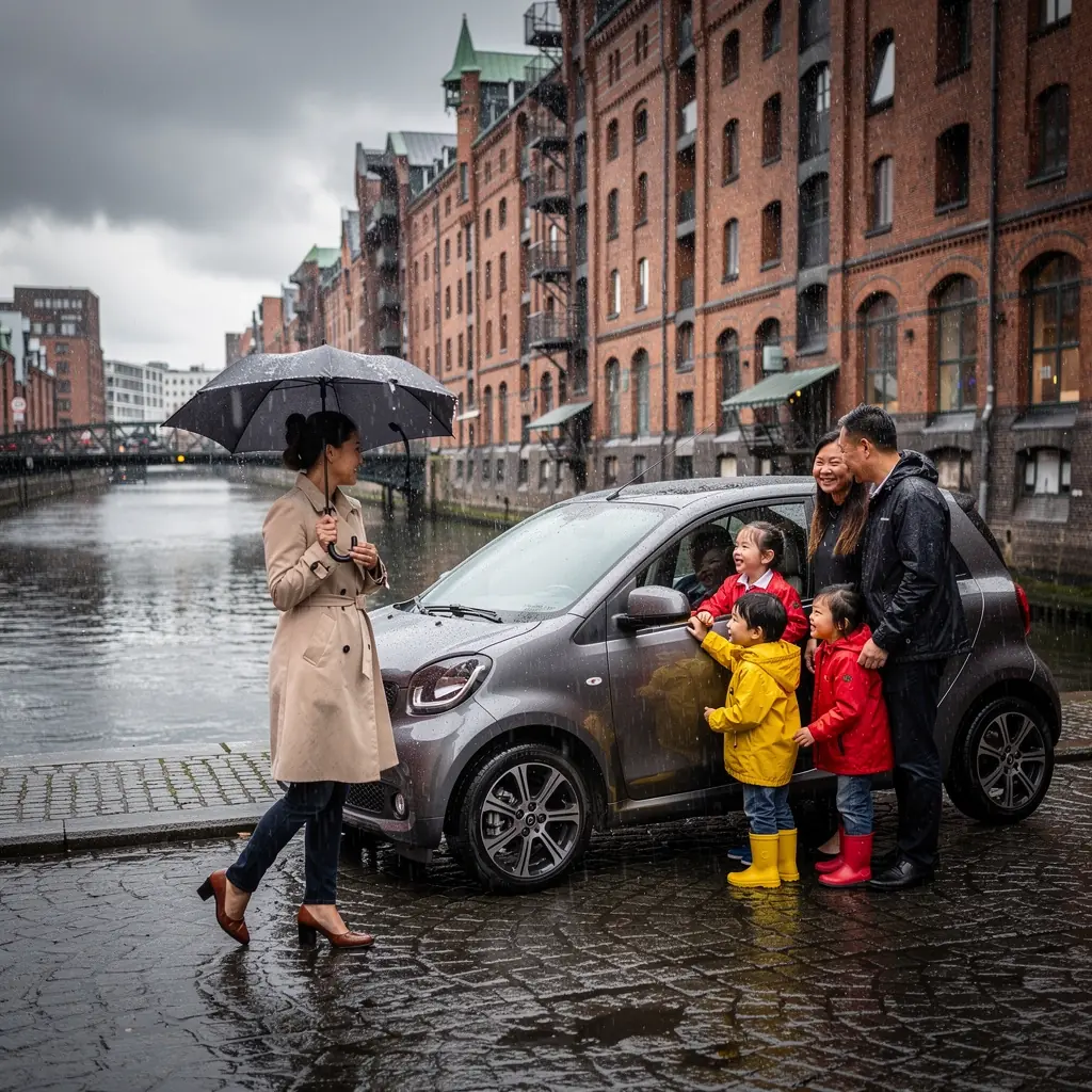 Ein ruhiger Straßenblick in Berlin mit Mietwagen, die für die Stadt bereitstehen.