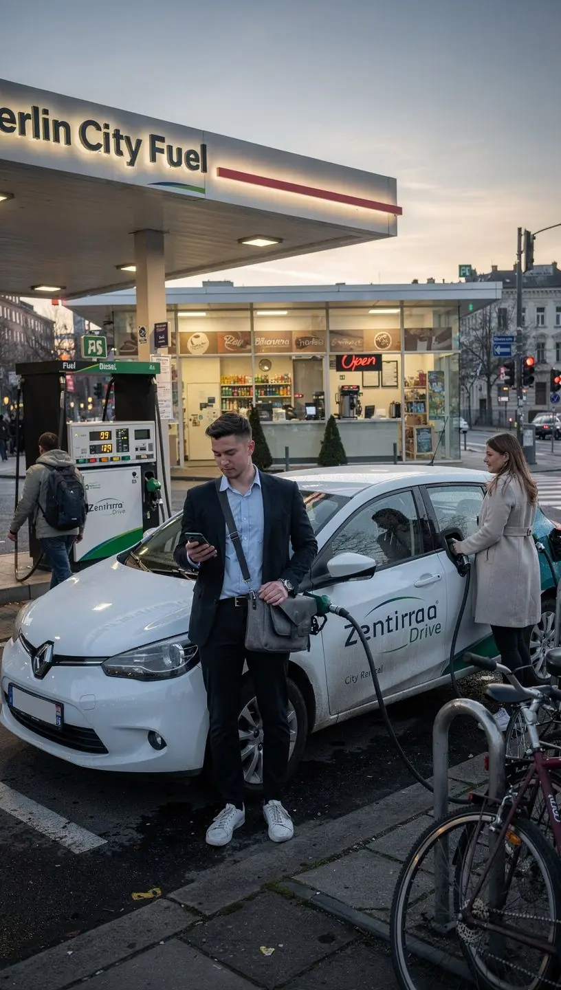 Kompaktes Fahrzeug vor einem modernen Stadtbild in Berlin